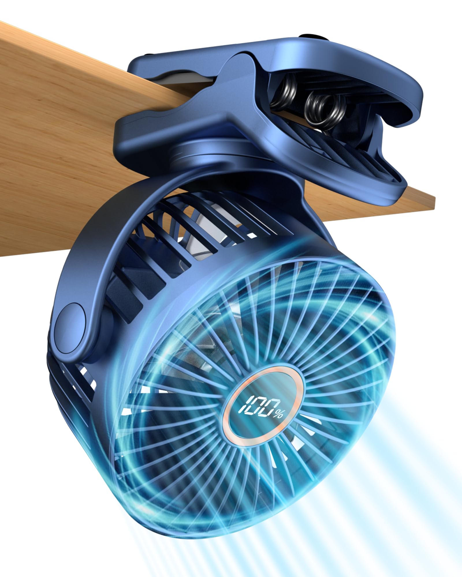 buywoo Portable Desk Fan Battery Powered Stroller Fan With Strong Clamp Grip 360° Rotation 3-Speed & LED Display Small Rechargeable Personal Clip On Fan For Bedroom Office Gyms Blue